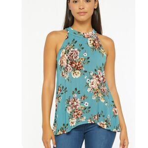 Staccato blouse halter neckline blue floral print a-line NEW Sz M lightweight